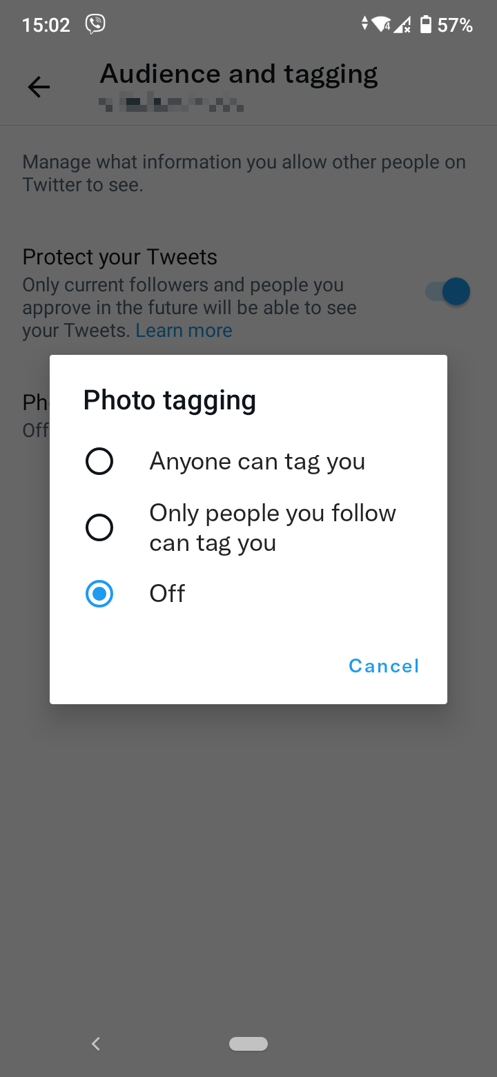 Anyone can tag you, Only people you follow can tag you or Off