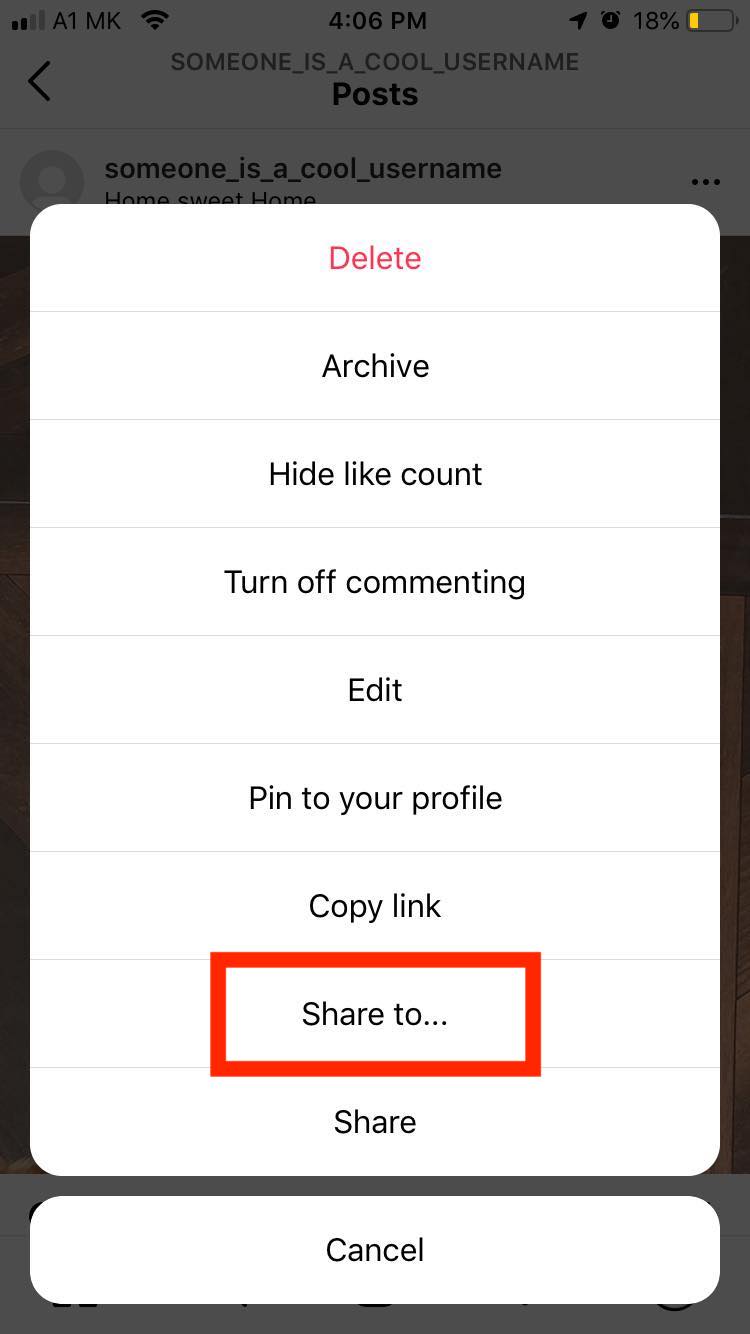 instagram post share to option