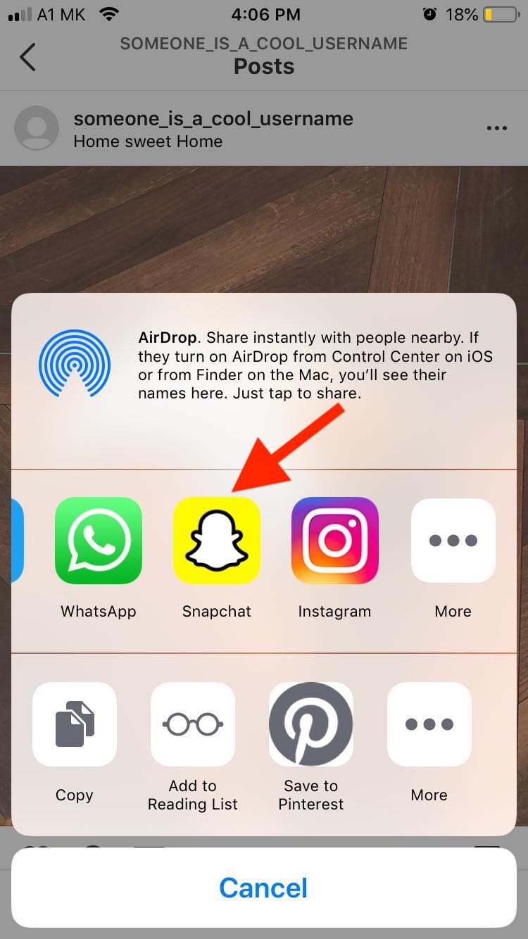 instagram post share to snapchat option