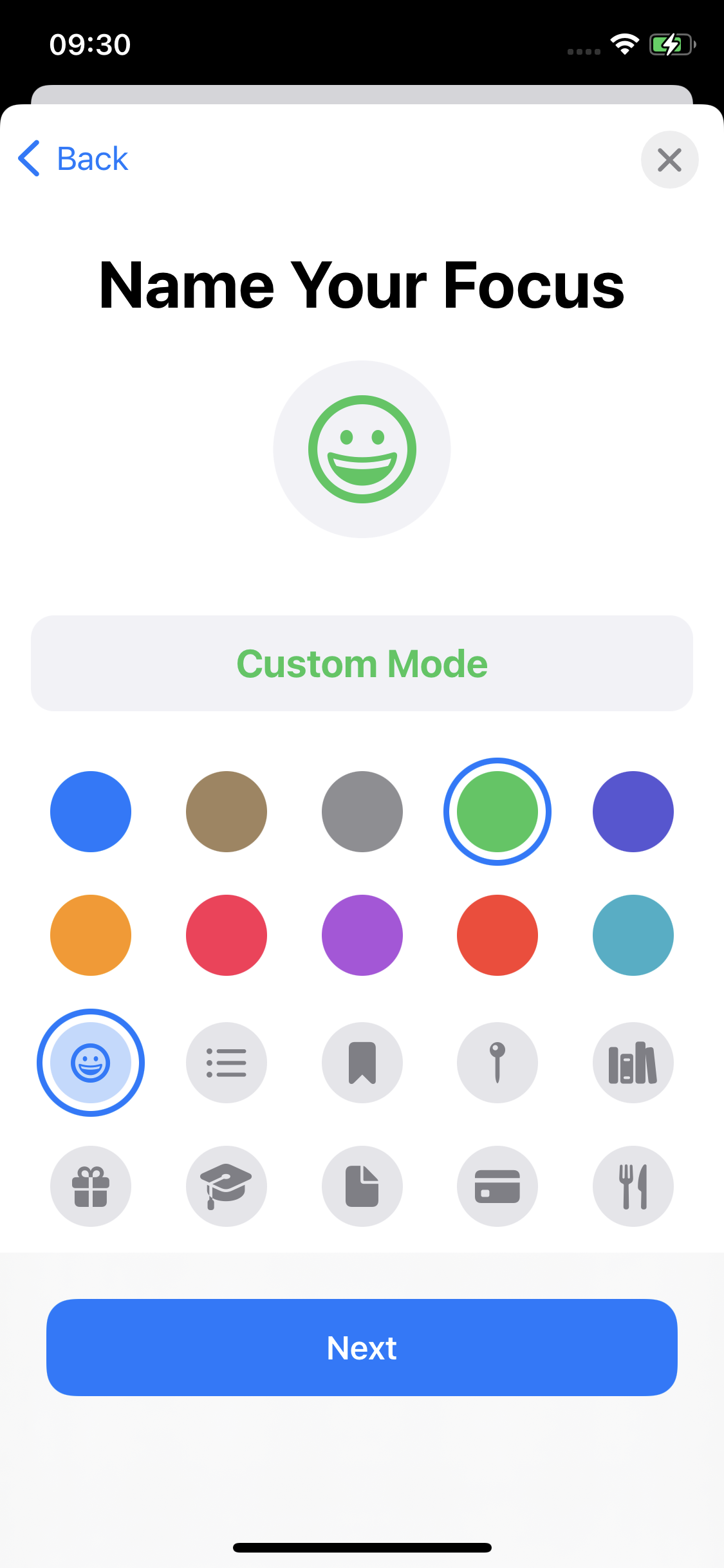 Select the color, name, and icon for your Custom Focus Mode,