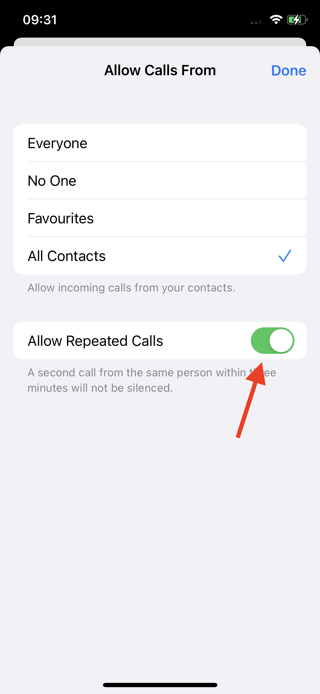 Toggle off ‘Allow Repeated Calls’