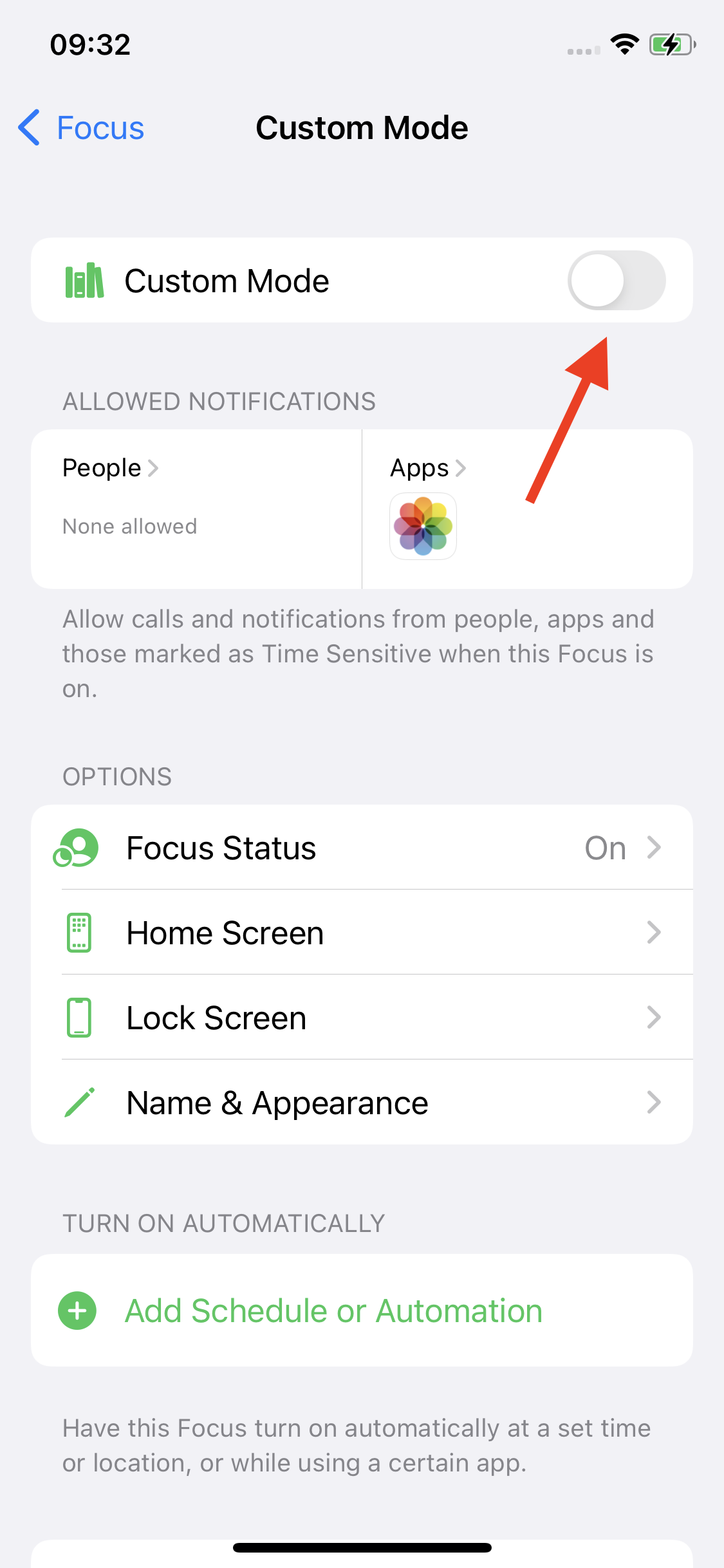 Toggle on your Custom Focus Mode