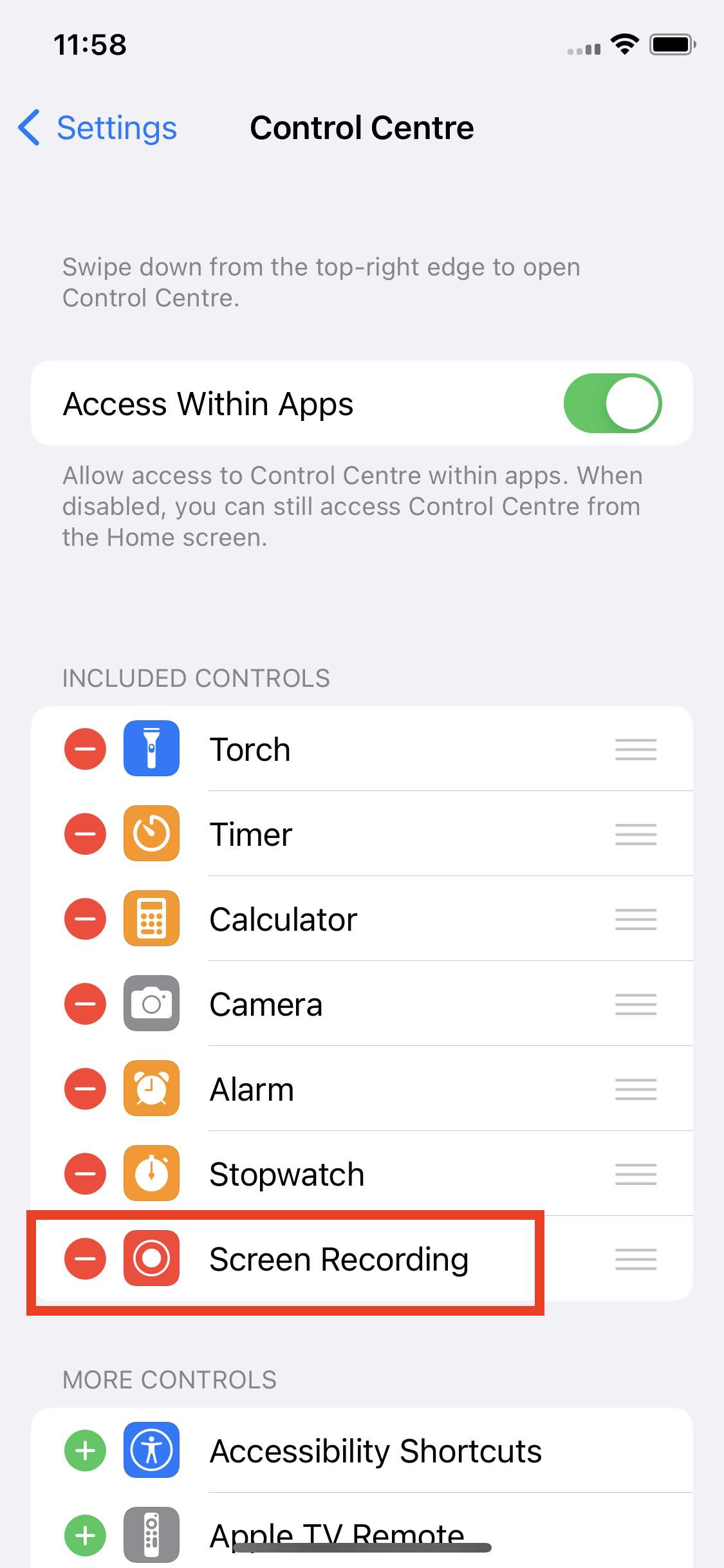 Screen Recording moved to the 'Included Controls’ section