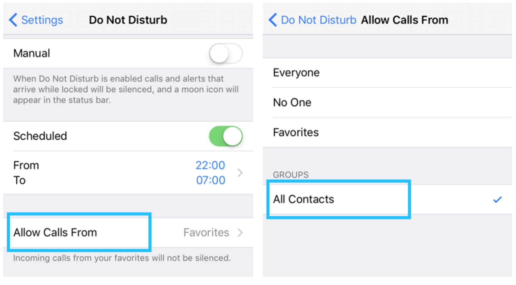 Allow calls from - iPhone options