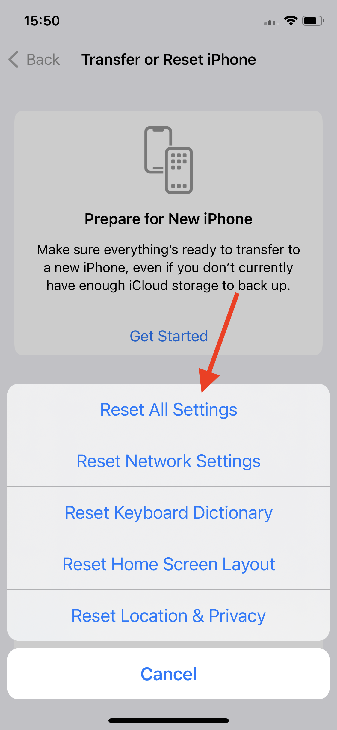 Tap on 'Reset all Settings'