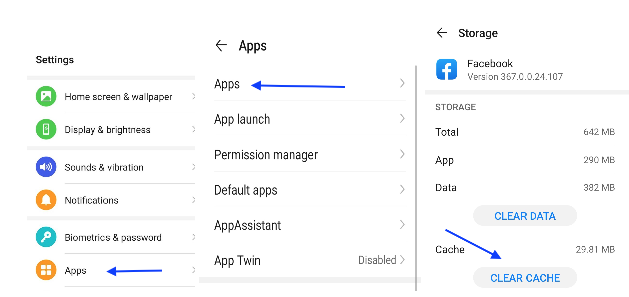 Settings-Facebook- Clear Cache data