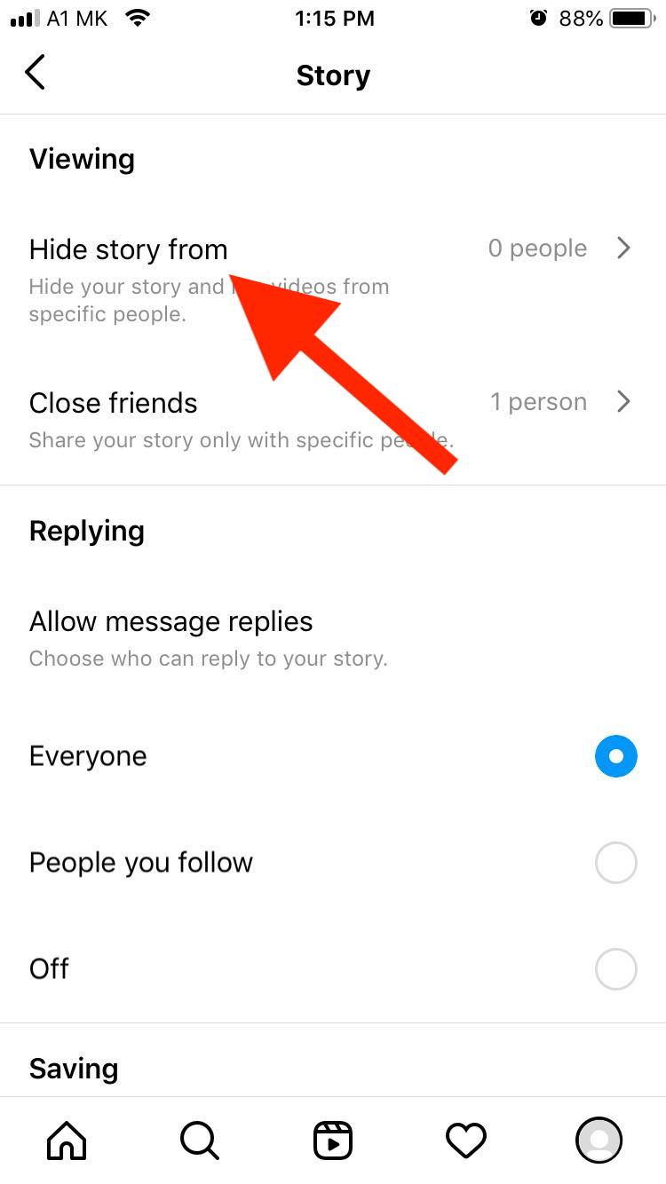 instagram hide your story from option