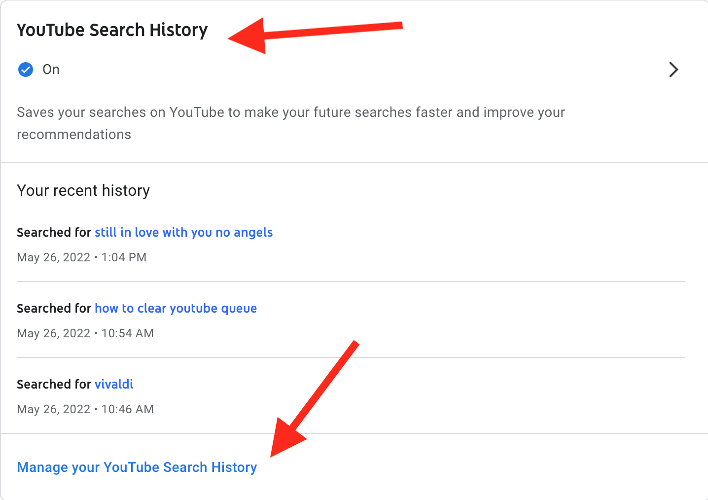 manage your search history youtube