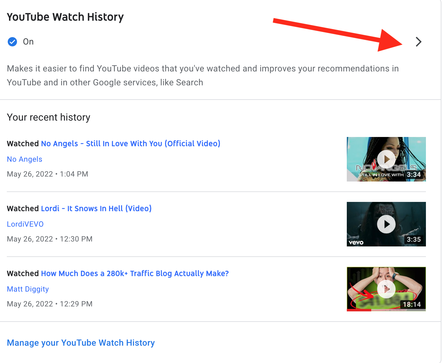 youtube history watch button