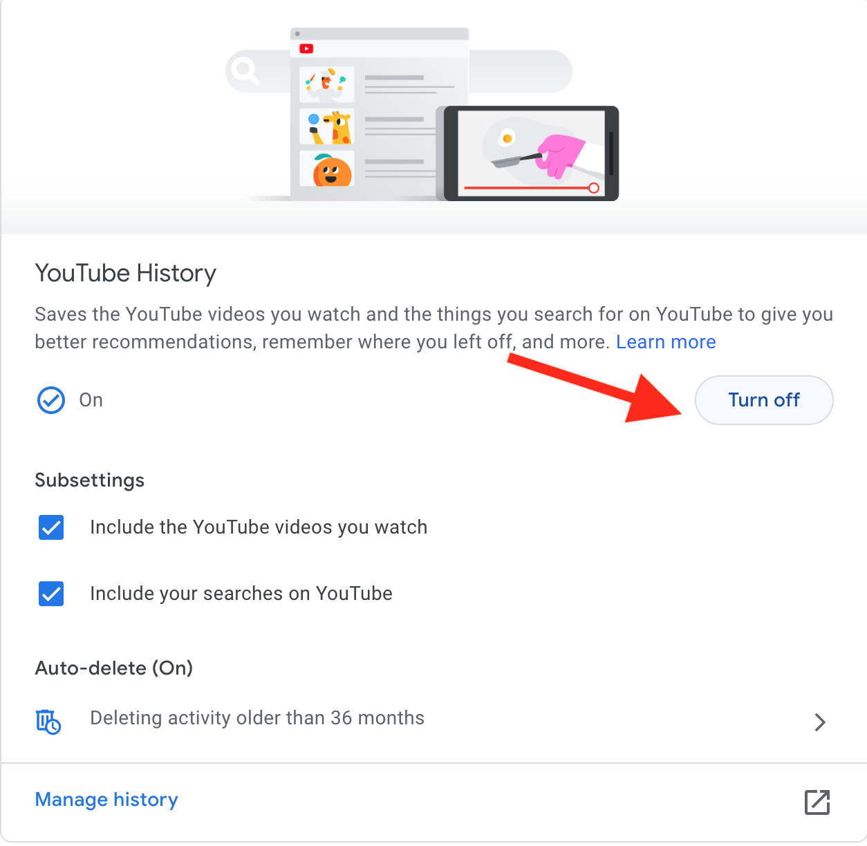 youtube turn off watch history button