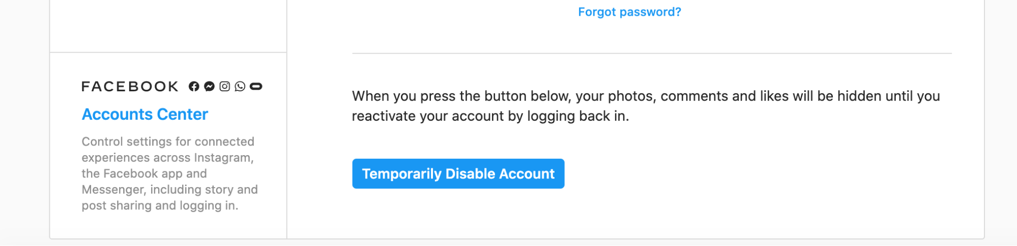 Instagram temporarily disable my account button