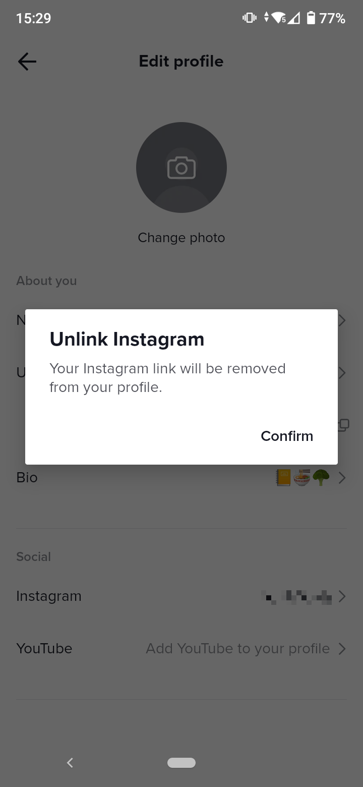 Select 'Confirm' to unlink Instagram