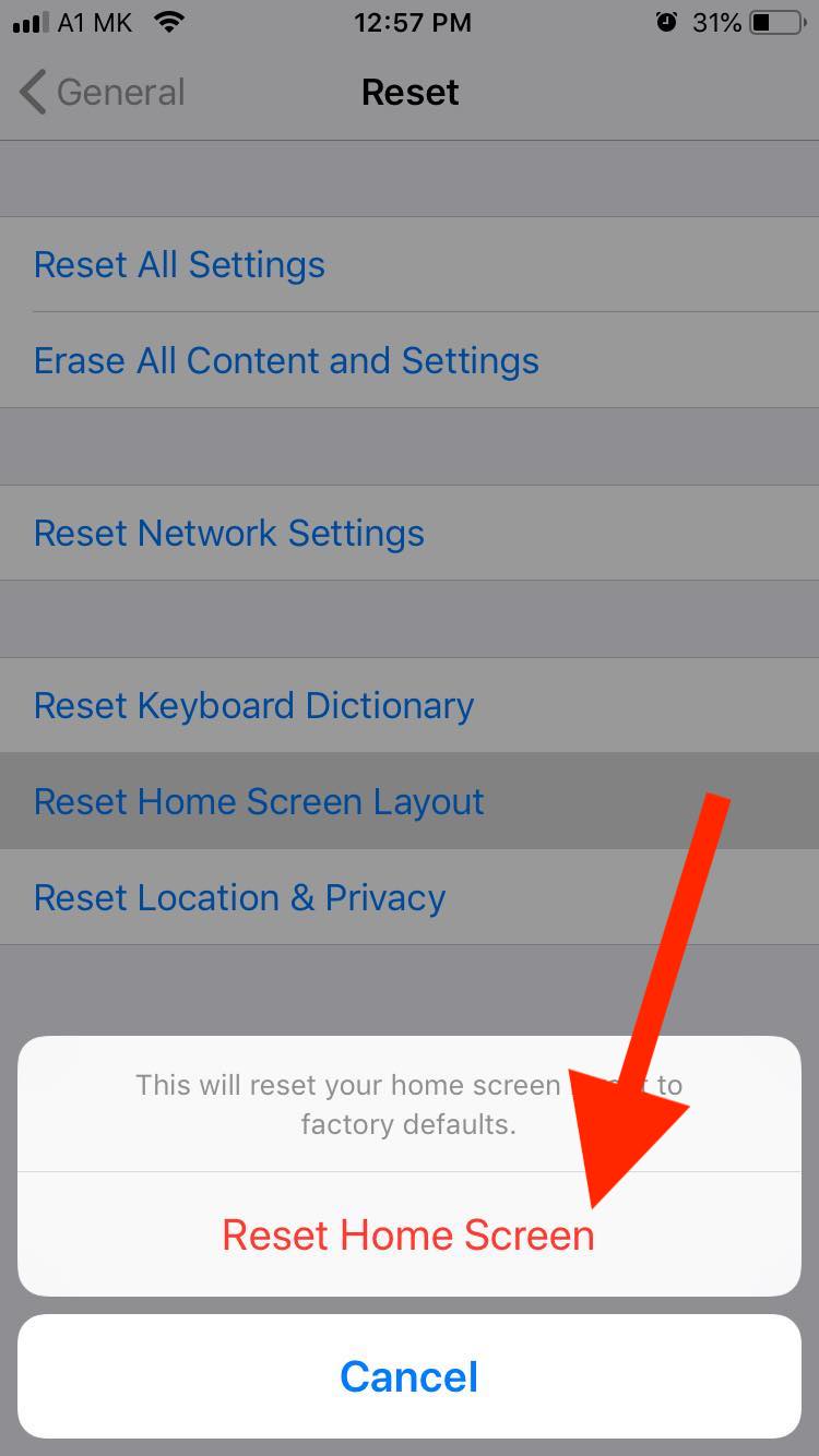 reset home screen layout iphone