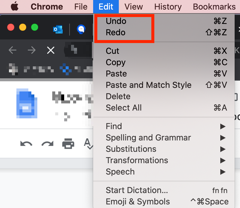 Go to 'Edit' and select 'Undo' or 'Redo'
