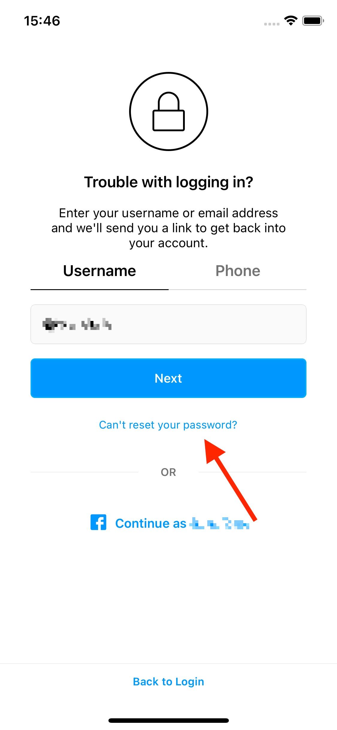 tap on 'Can't reset you password'?