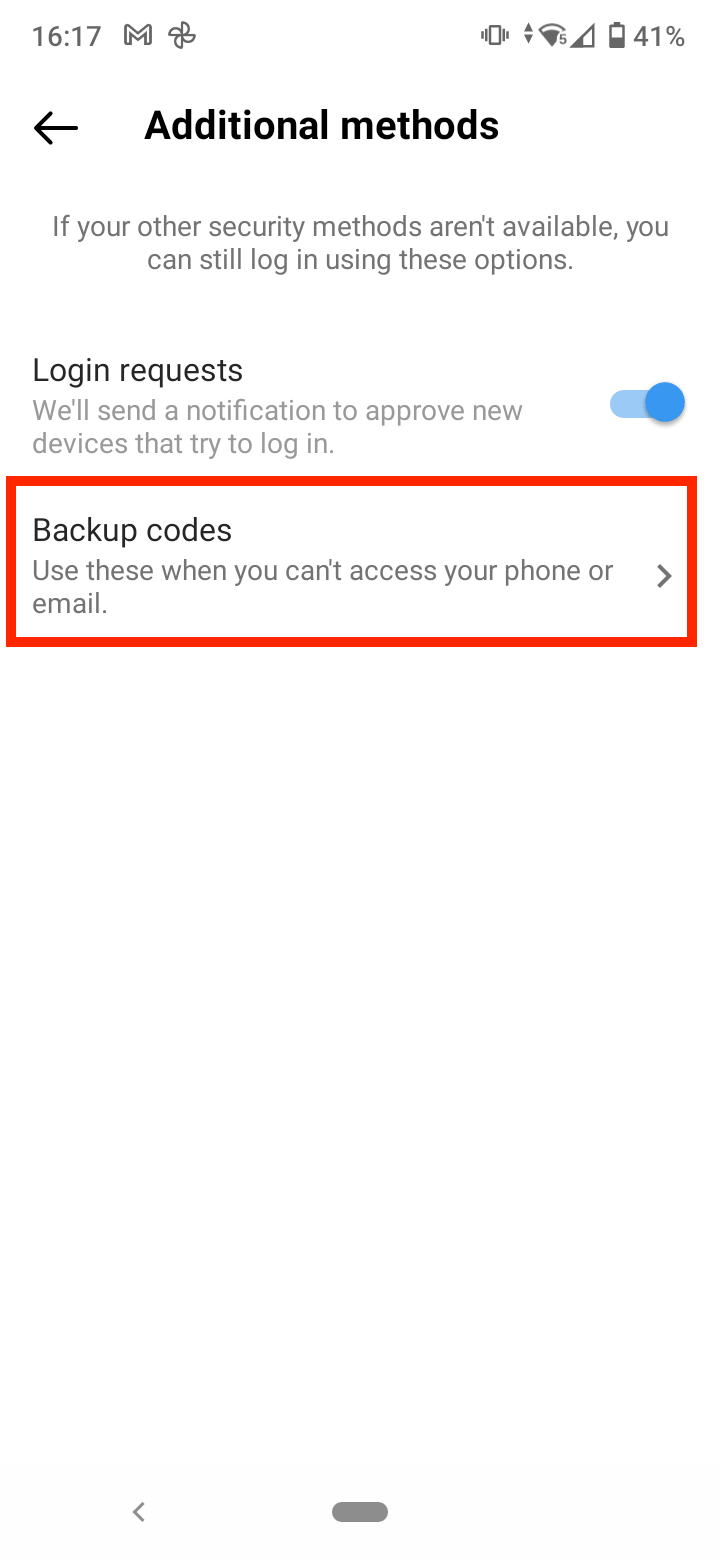 Tap on 'Backup Codes'