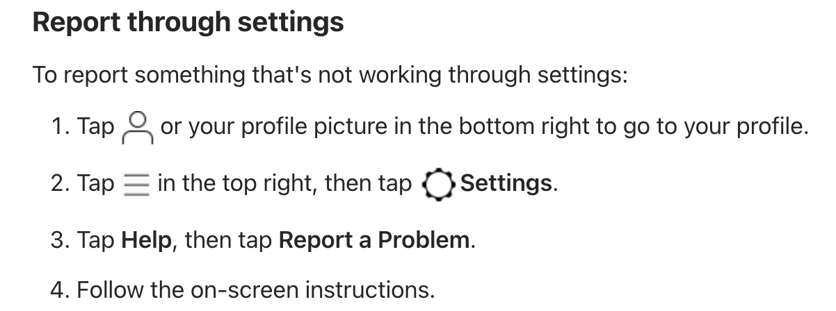 Steps to report a problem on Instagram