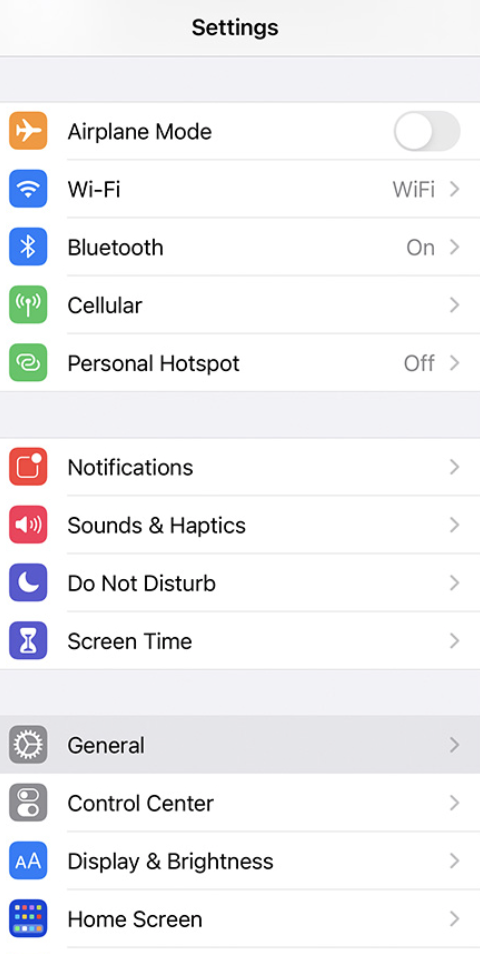 Settings > General options - iPhone