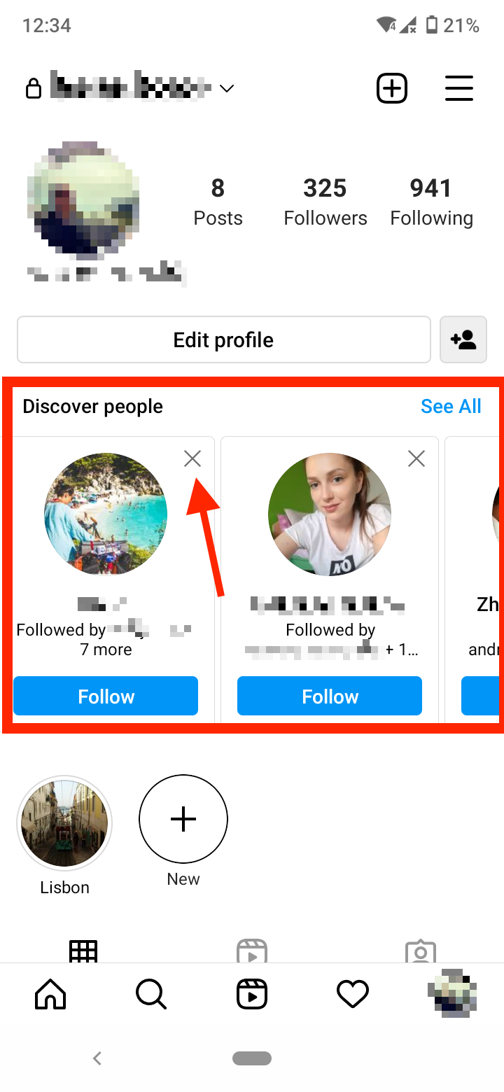 Tap on the ‘x’ icon to remove suggested Instagram account