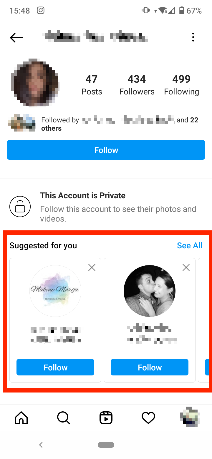 'Suggested for you' in a user's private account