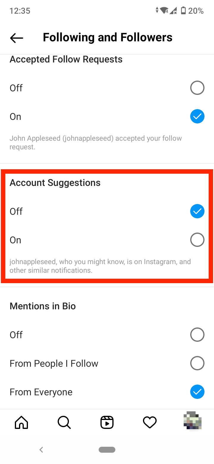 Turn off 'Account Suggestions'