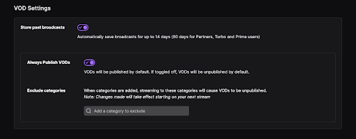 Vod settings broadcast