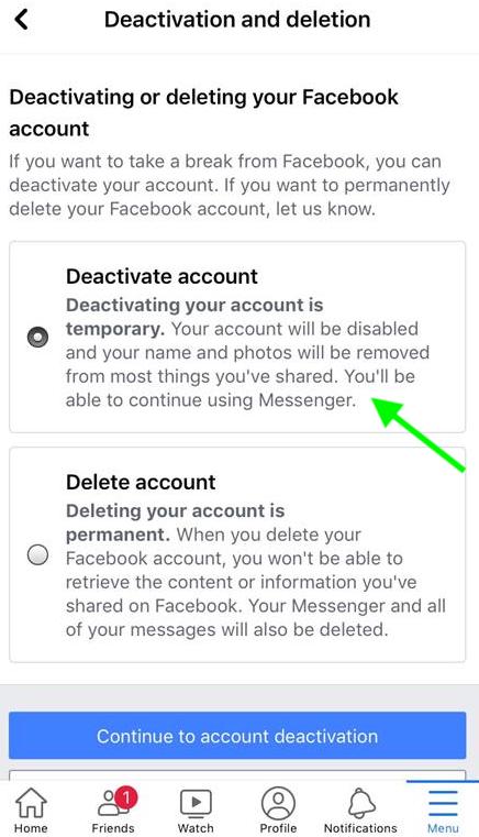 Continue to Account Deactivation - Facebook