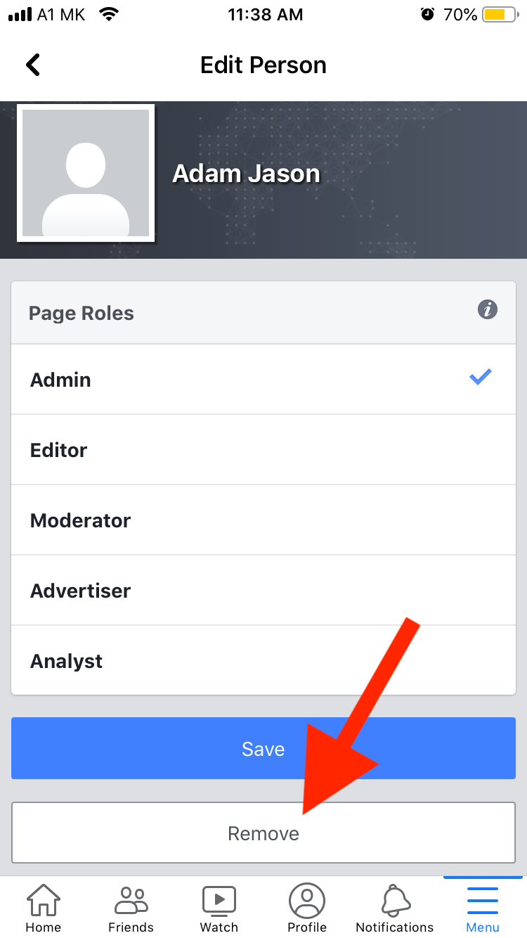 facebook page remove option