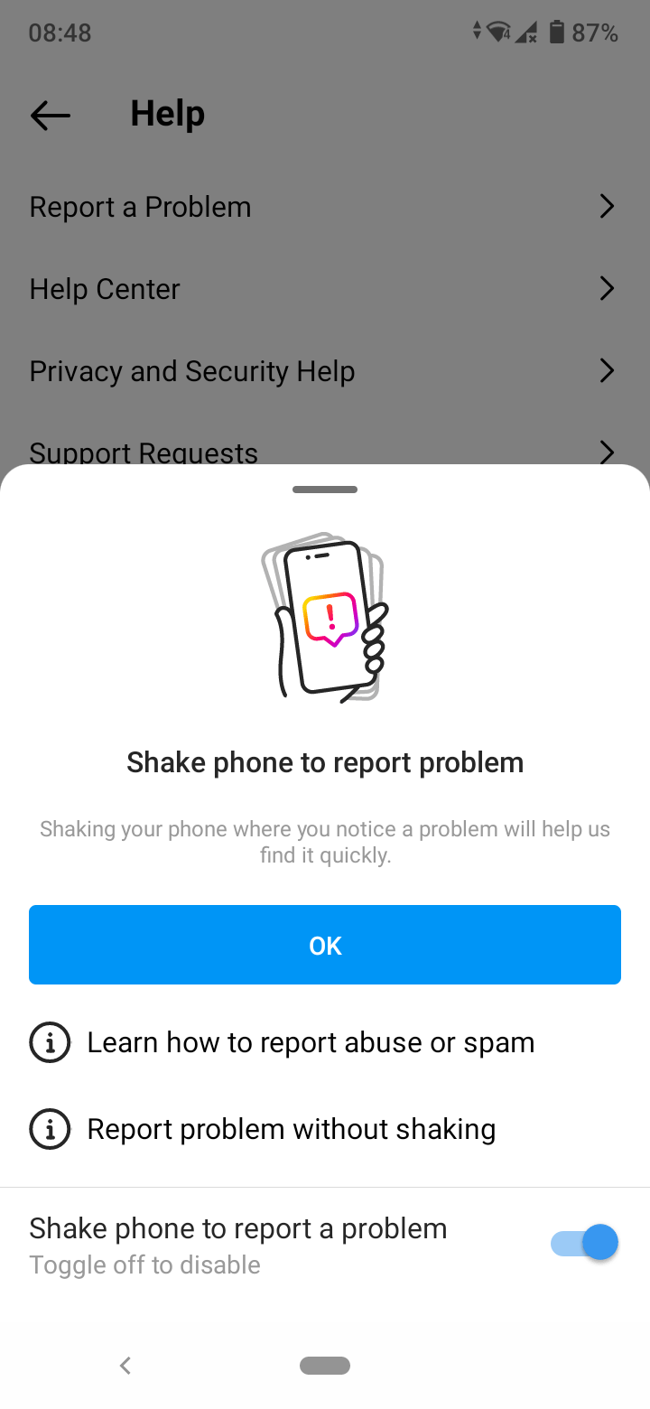 report a problem with the 'Rage Shake' feature