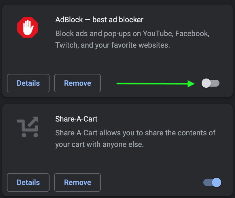 Turn the toggle off - Google Chrome extensions