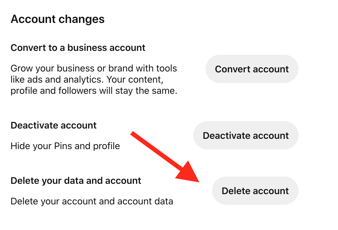 pinterest delete account option