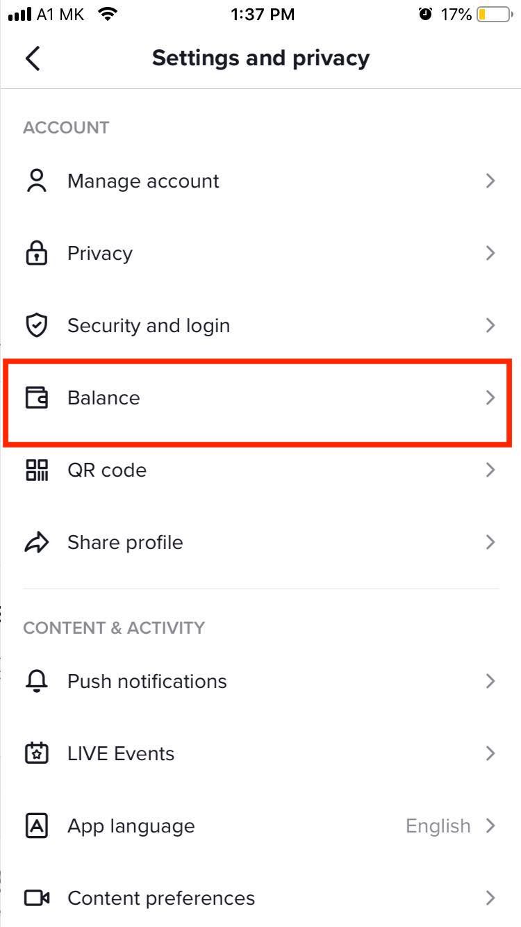 tiktok balance option