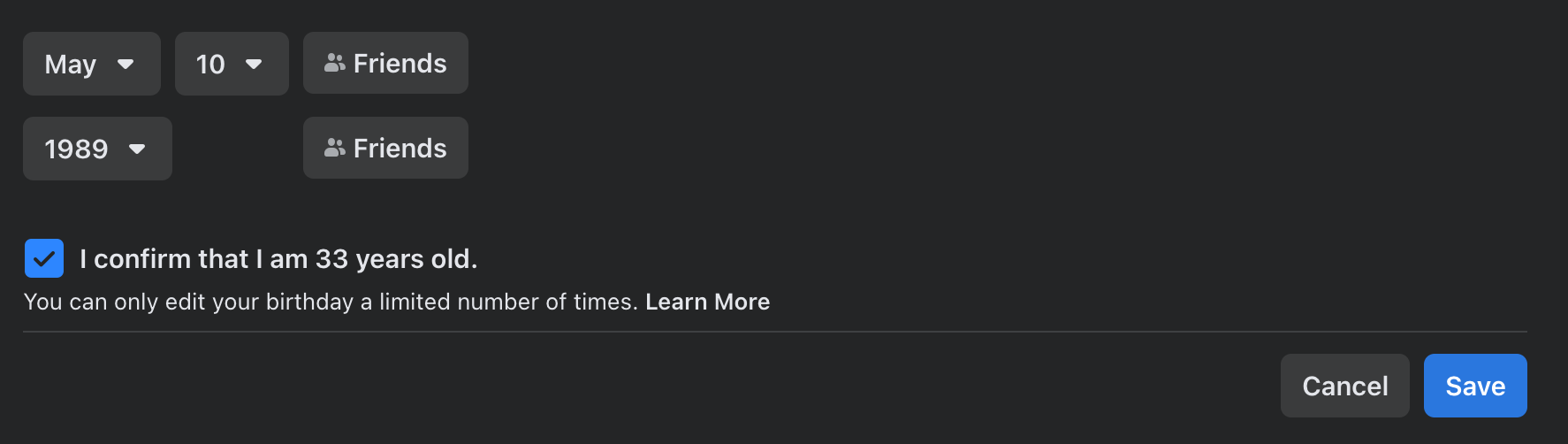 Confirm your age and click on Save - Facebook