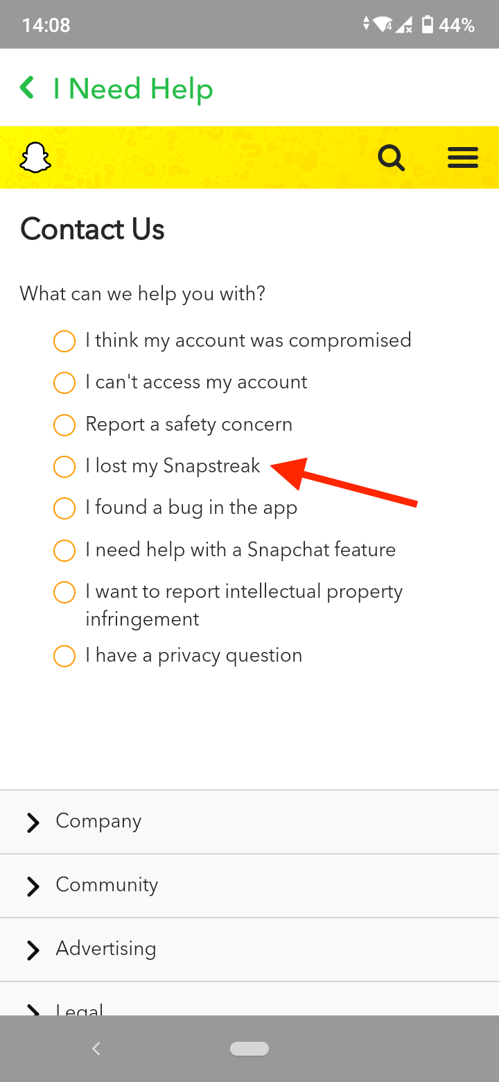 Select ‘I lost my Snapstreak’