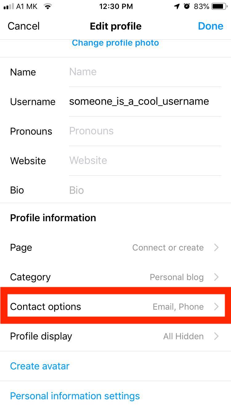 instagram contact options