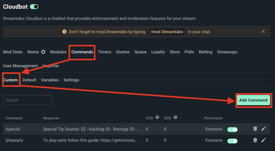 add a custom command in Streamlabs Cloudbot