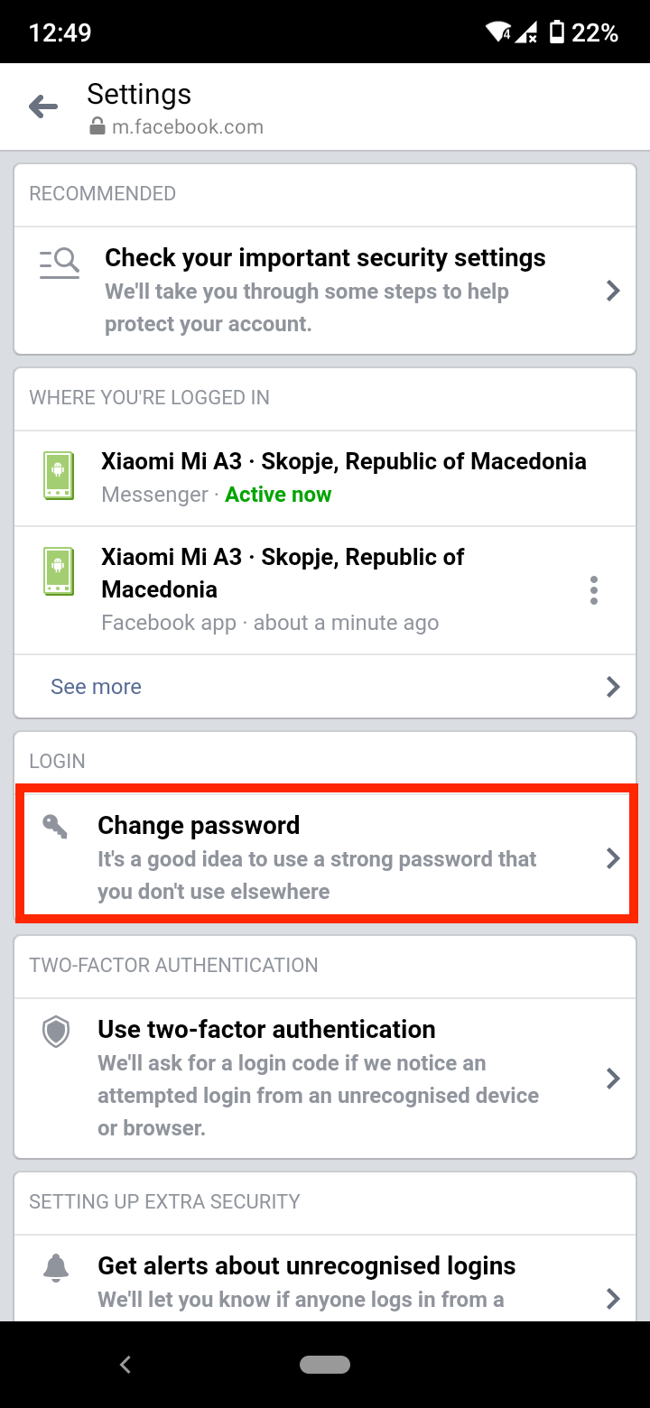 Tap on 'Change password'