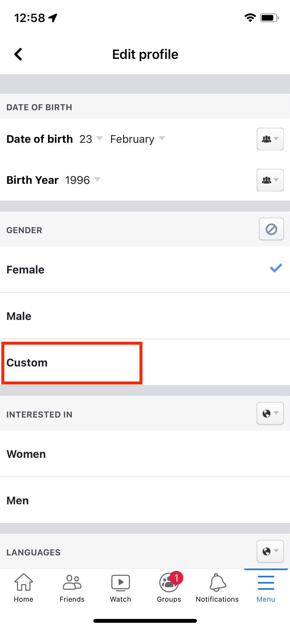 facebook gender options