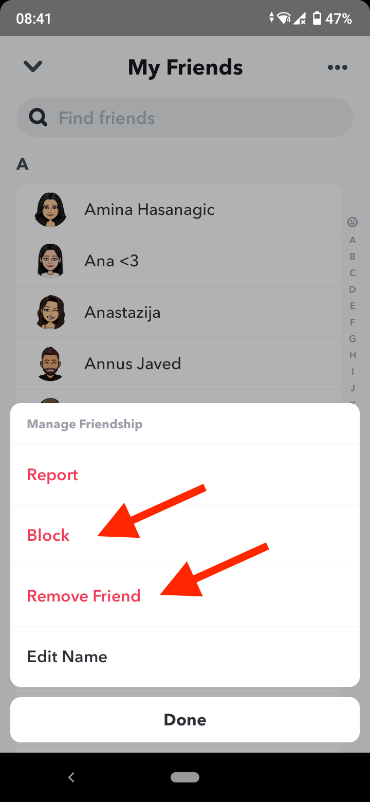 Select ‘Block’ or ‘Remove Friend’