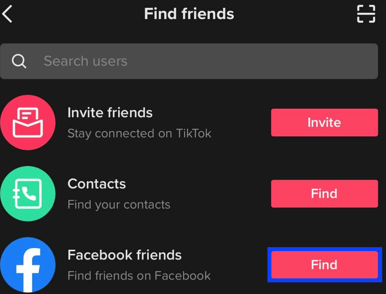 Find friends on Facebook - TikTok options