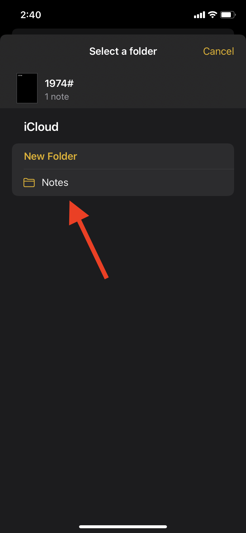 Select a destination folder - Notes