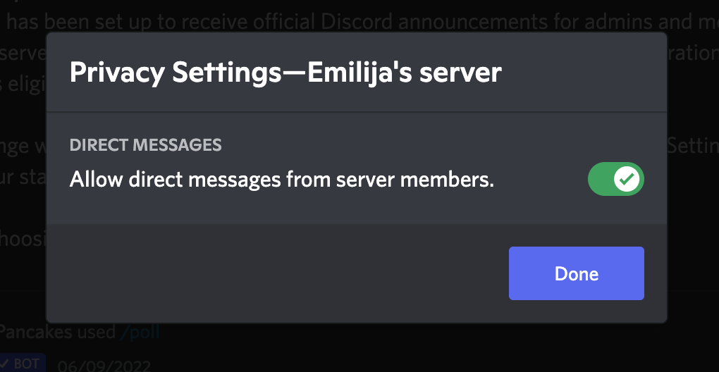 toggle on 'Allow direct messages from server members’