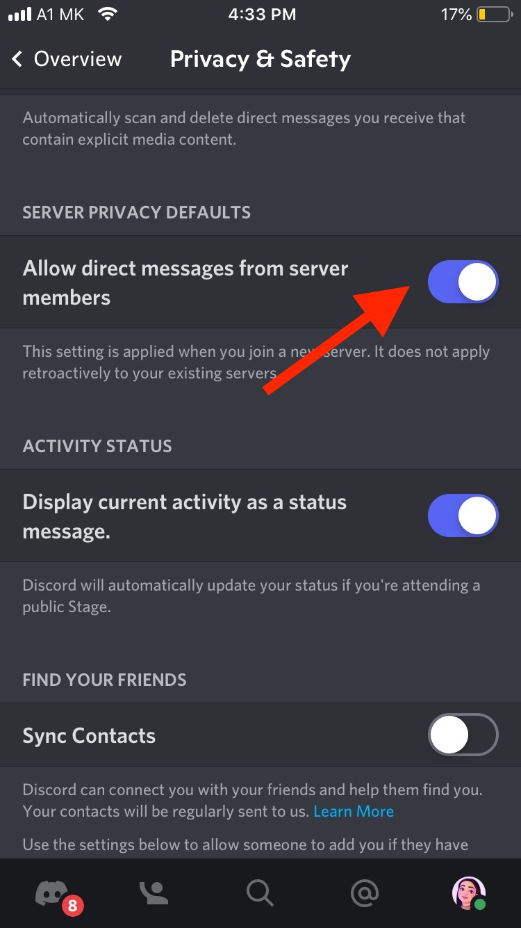 toggle on 'Allow messages from server members’