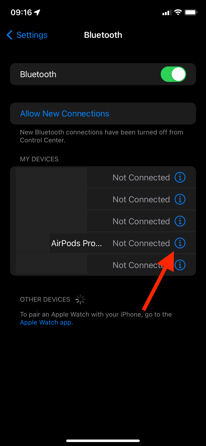 Tap on the 'i' letter next to the AirPods