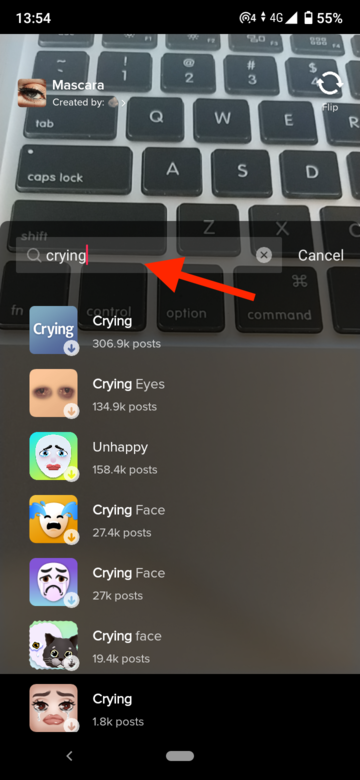 Type in 'crying' in the search bar