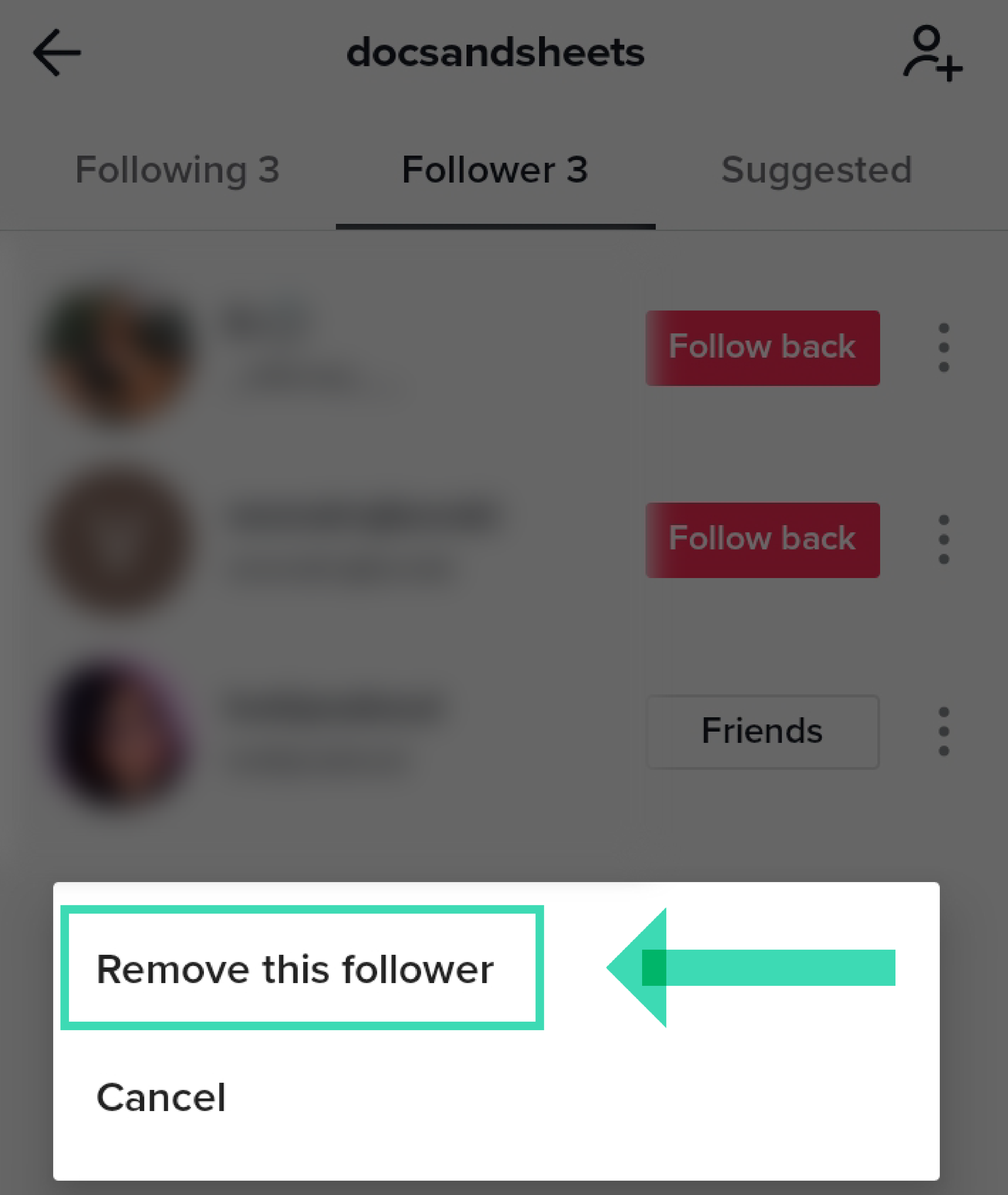 tiktok unfollow section three dots