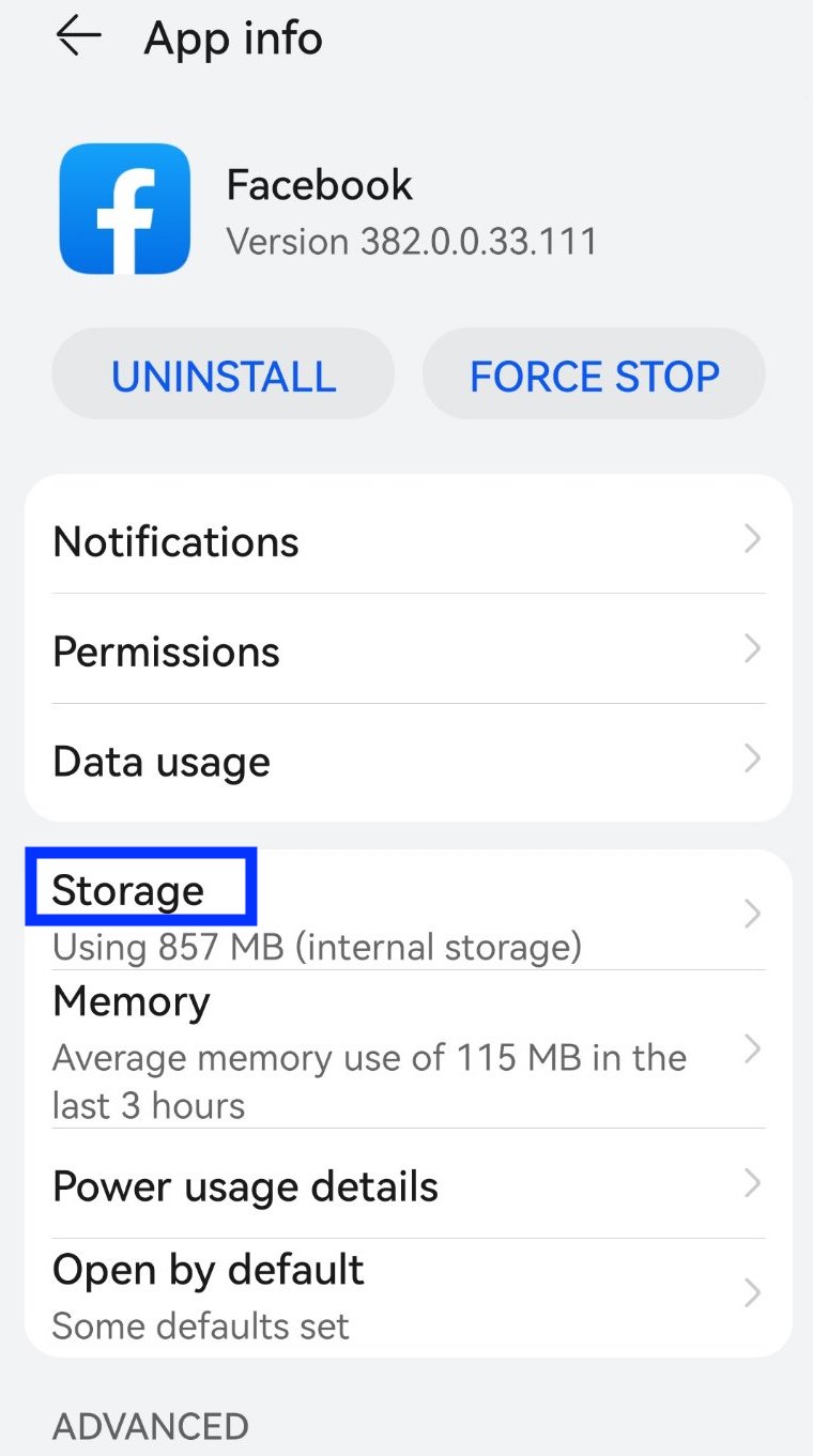 Facebook app > Storage option