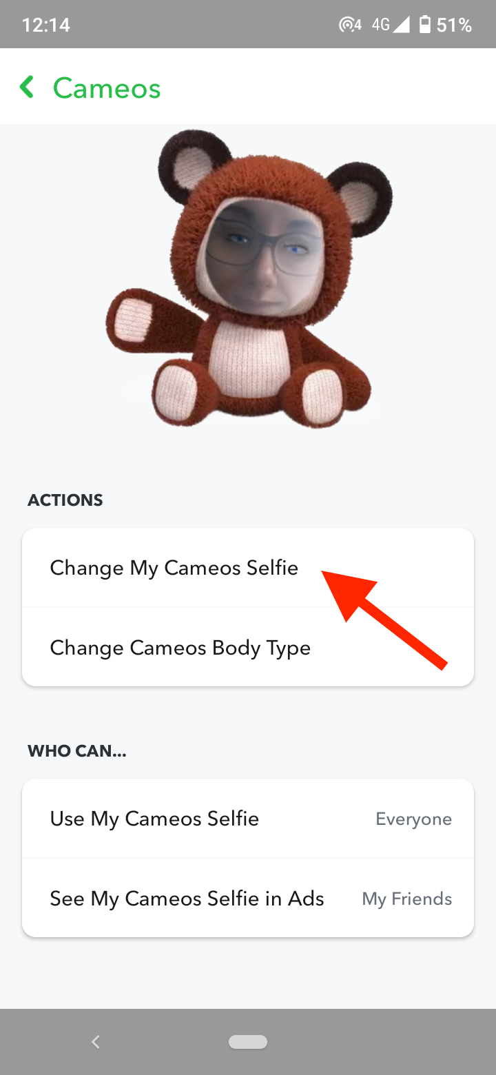 Tap on ‘Change My Cameos Selfie’