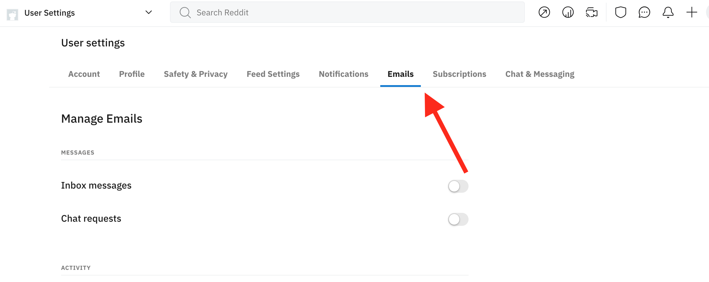 reddit emails tab