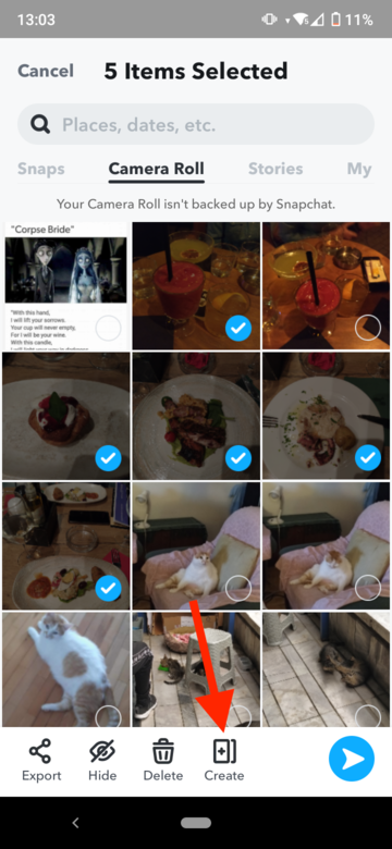 select images from camera roll you want to back up and tap on 'Create'